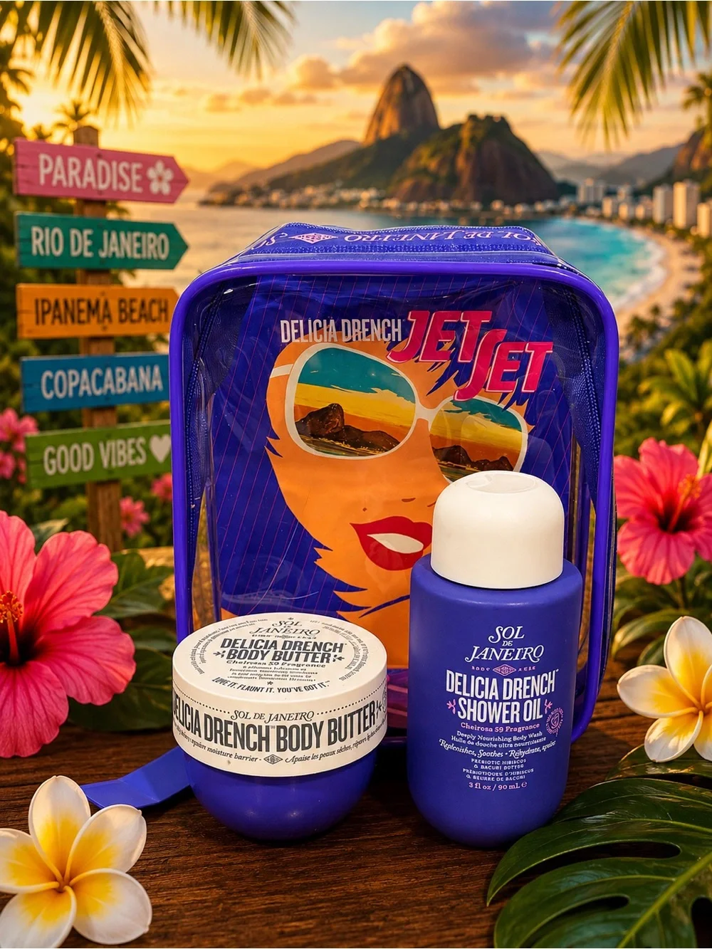 Sol de Janeiro Delicia Drench 3-Pc Set Body Butter Shower Oil Travel Pouch NWT